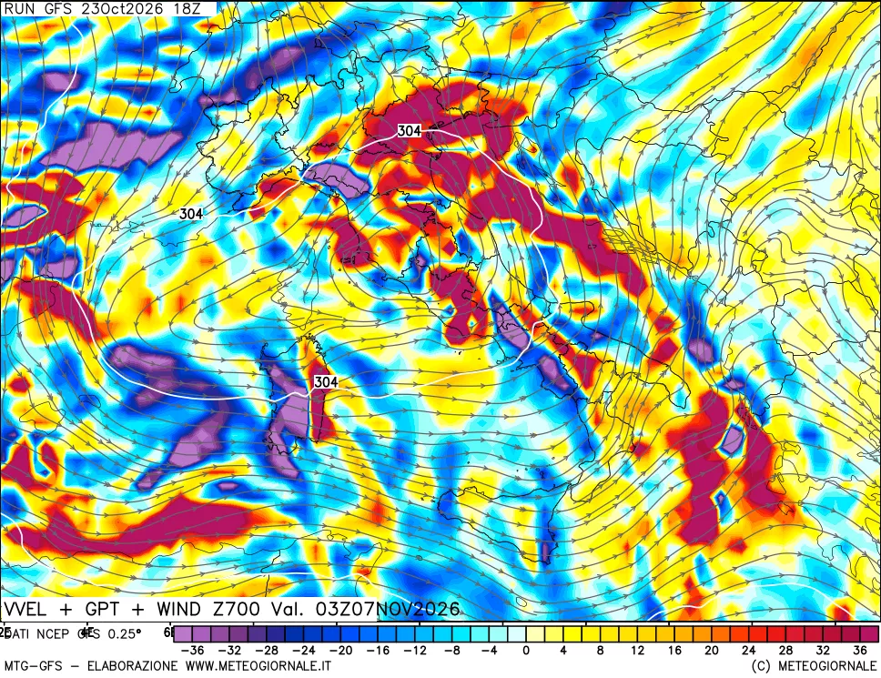 mappa 700 hPa Velocità verticiali + GPT + Vento