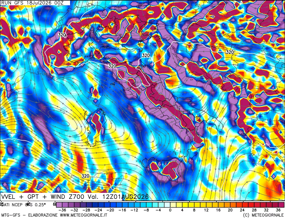 mappa 700 hPa Velocità verticiali + GPT + Vento