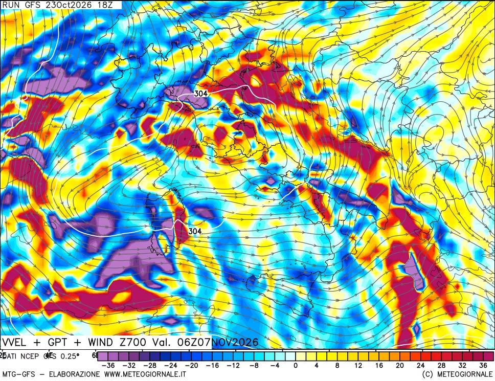 mappa 700 hPa Velocità verticiali + GPT + Vento