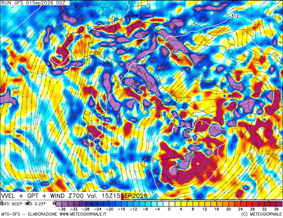 mappa 700 hPa Velocità verticiali + GPT + Vento