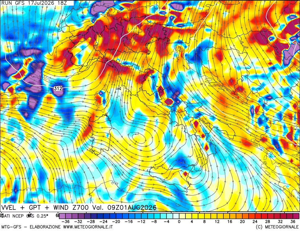 mappa 700 hPa Velocità verticiali + GPT + Vento