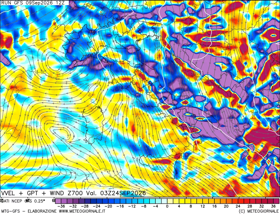 mappa 700 hPa Velocità verticiali + GPT + Vento