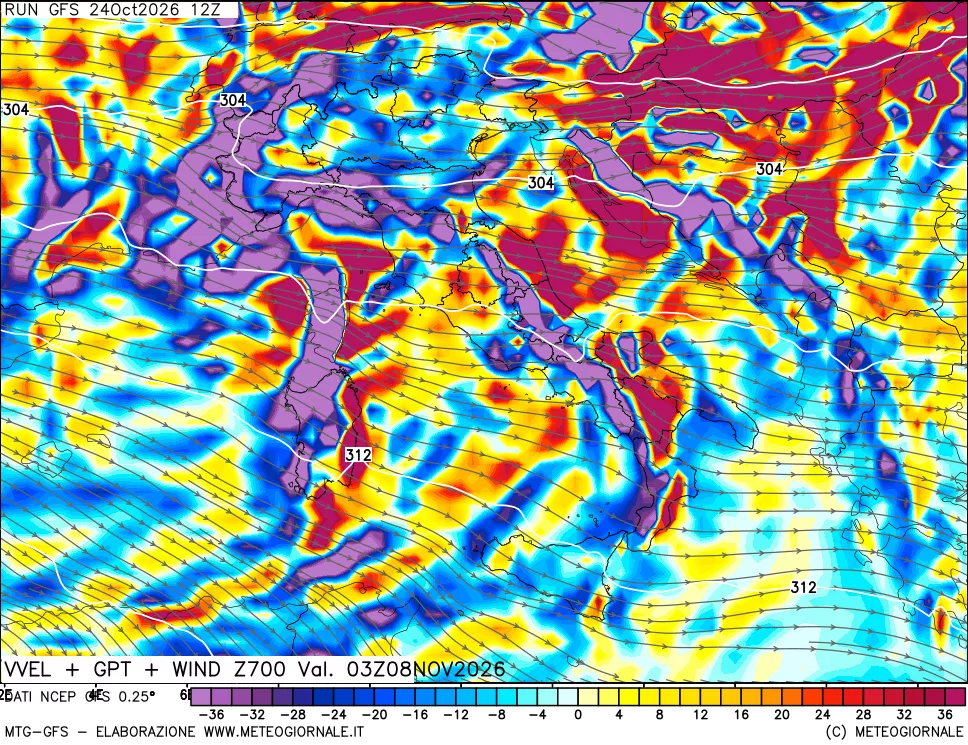 mappa 700 hPa Velocità verticiali + GPT + Vento