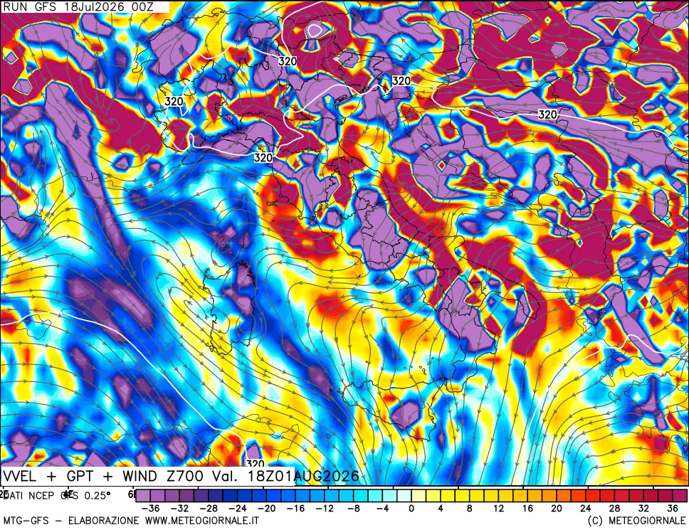 mappa 700 hPa Velocità verticiali + GPT + Vento