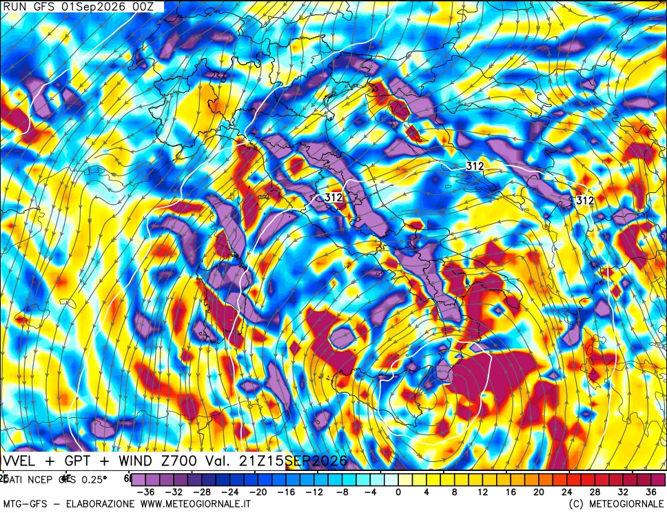 mappa 700 hPa Velocità verticiali + GPT + Vento