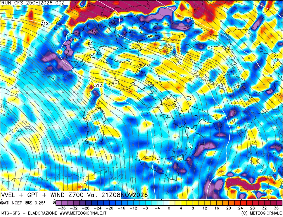 mappa 700 hPa Velocità verticiali + GPT + Vento