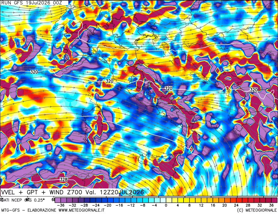 mappa 700 hPa Velocità verticiali + GPT + Vento