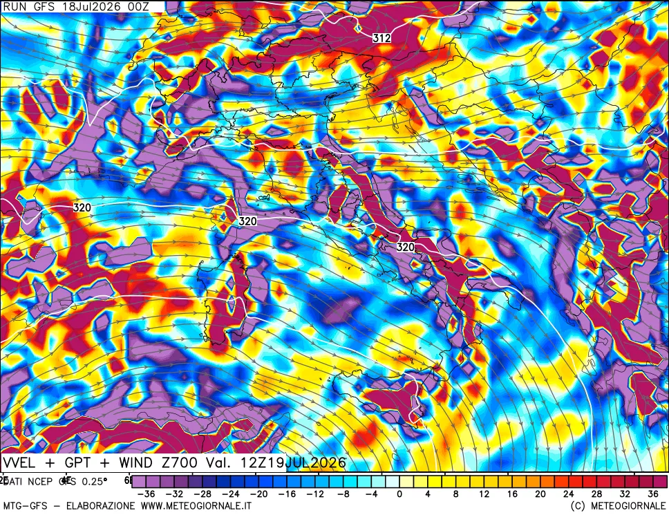 mappa 700 hPa Velocità verticiali + GPT + Vento