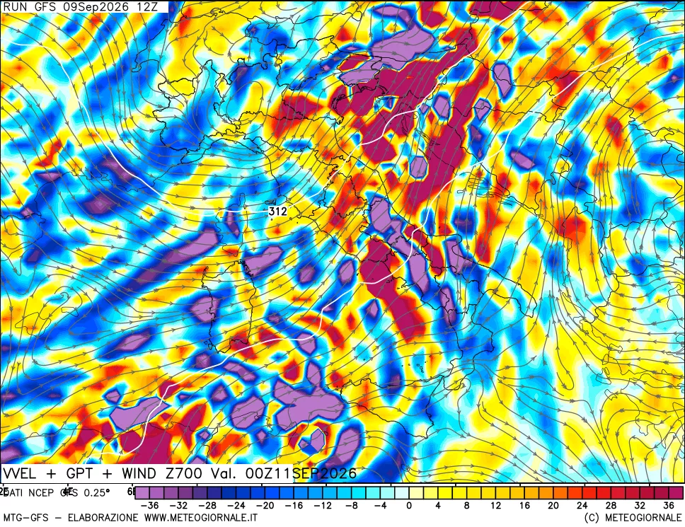mappa 700 hPa Velocità verticiali + GPT + Vento