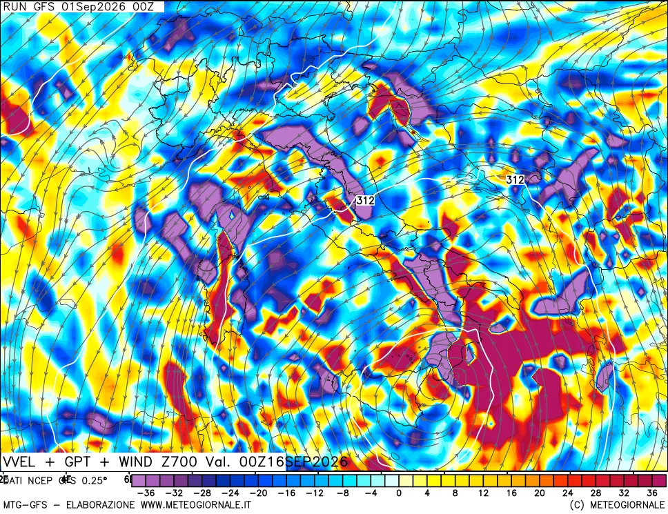 mappa 700 hPa Velocità verticiali + GPT + Vento
