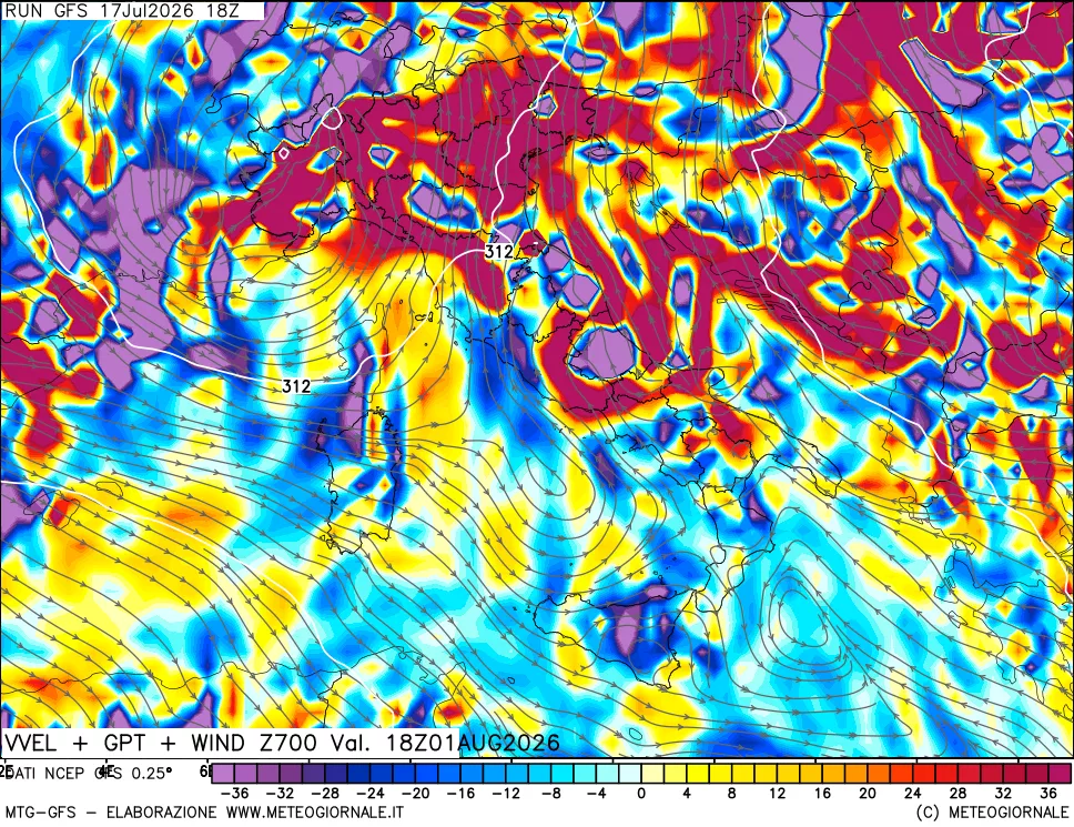 mappa 700 hPa Velocità verticiali + GPT + Vento