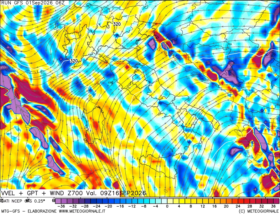 mappa 700 hPa Velocità verticiali + GPT + Vento
