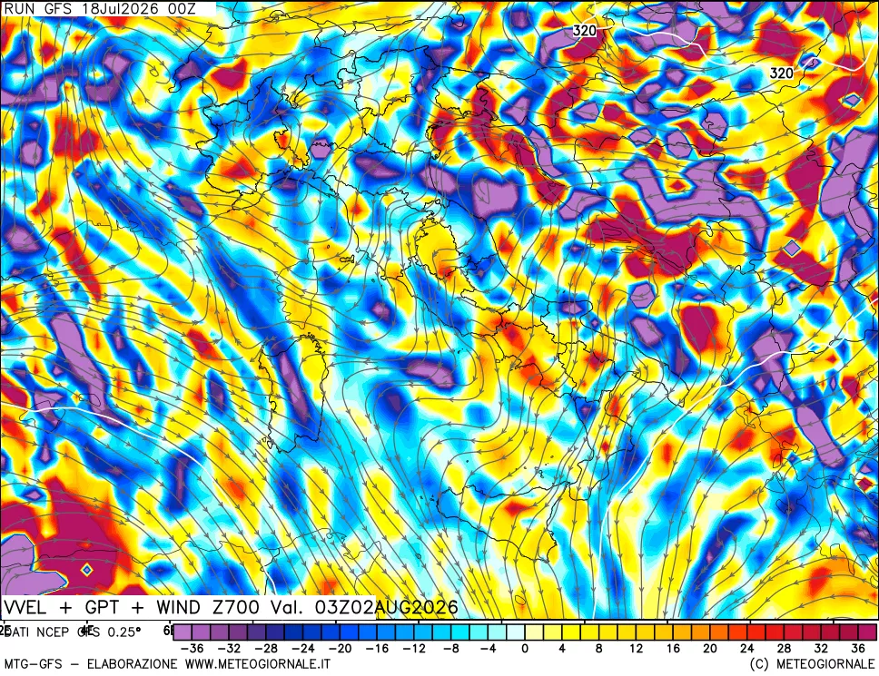 mappa 700 hPa Velocità verticiali + GPT + Vento