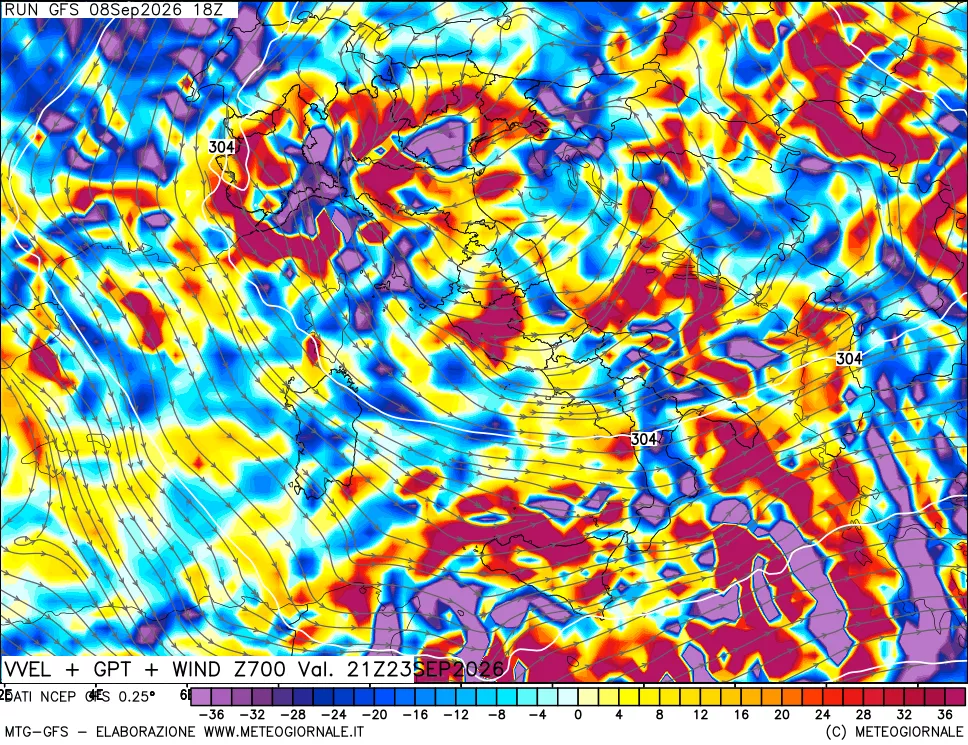 mappa 700 hPa Velocità verticiali + GPT + Vento