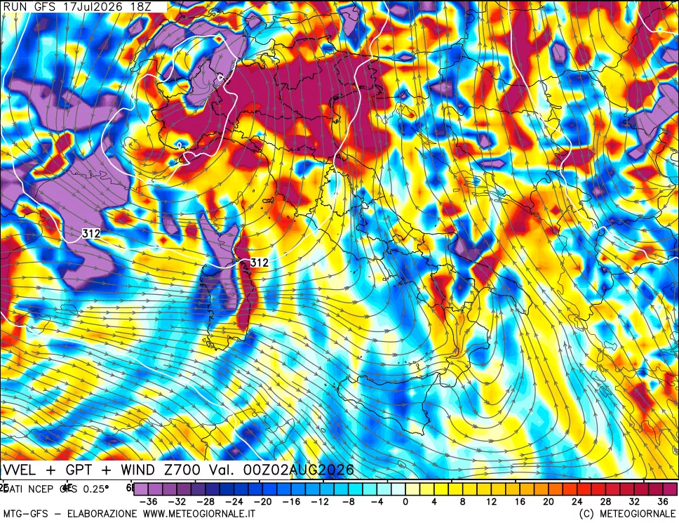 mappa 700 hPa Velocità verticiali + GPT + Vento