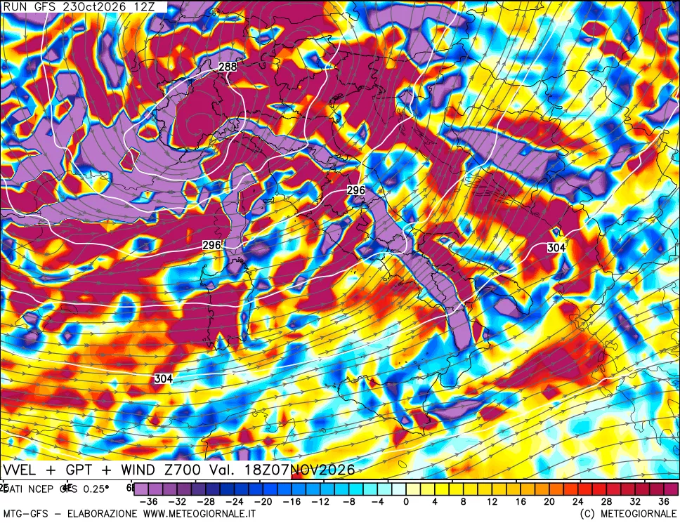 mappa 700 hPa Velocità verticiali + GPT + Vento