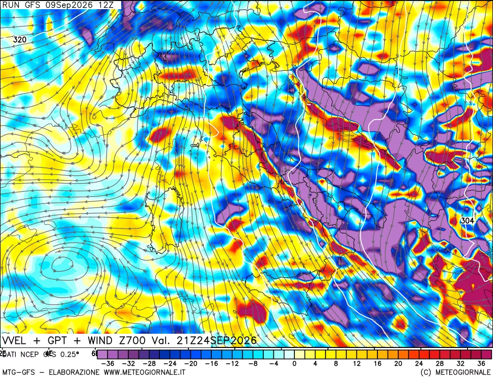 mappa 700 hPa Velocità verticiali + GPT + Vento