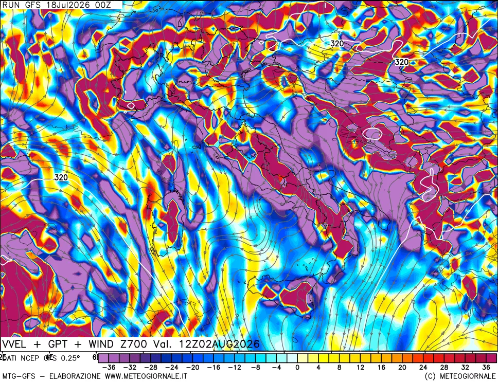 mappa 700 hPa Velocità verticiali + GPT + Vento