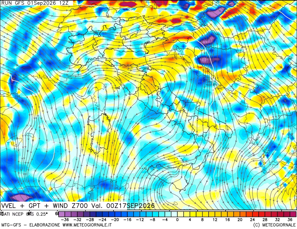 mappa 700 hPa Velocità verticiali + GPT + Vento