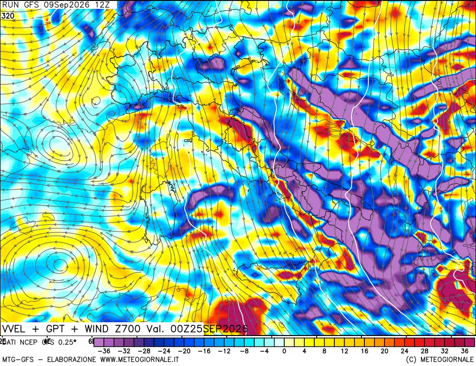 mappa 700 hPa Velocità verticiali + GPT + Vento