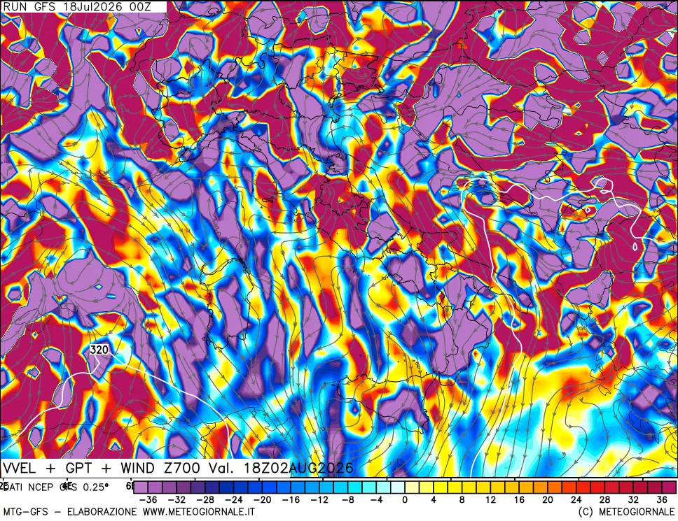 mappa 700 hPa Velocità verticiali + GPT + Vento