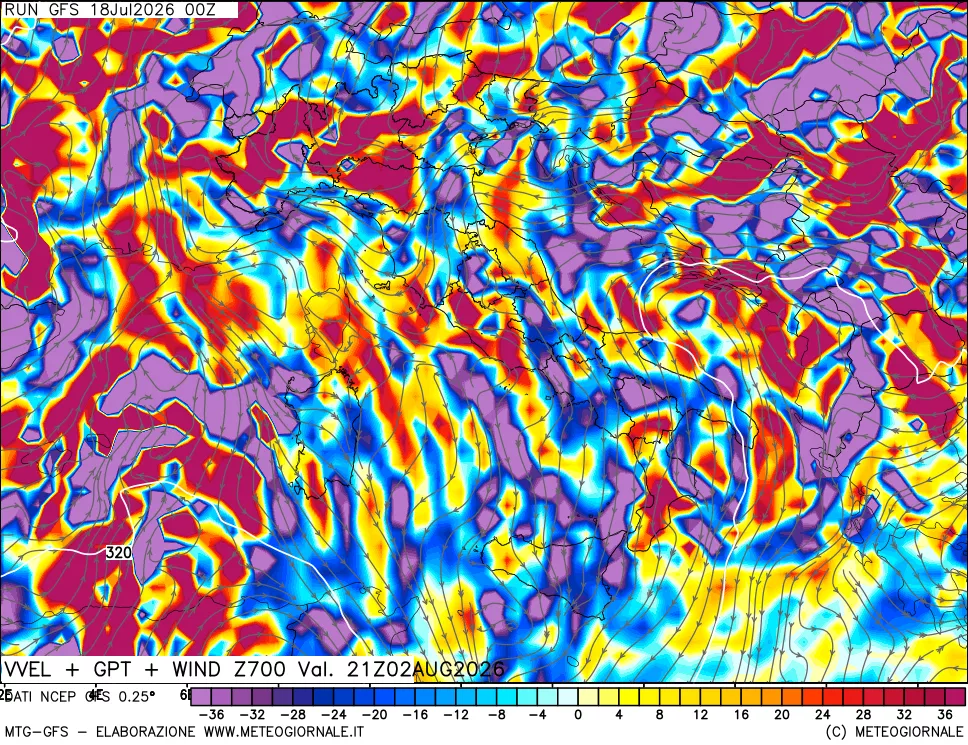 mappa 700 hPa Velocità verticiali + GPT + Vento