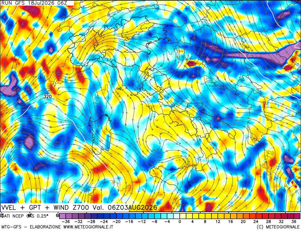 mappa 700 hPa Velocità verticiali + GPT + Vento