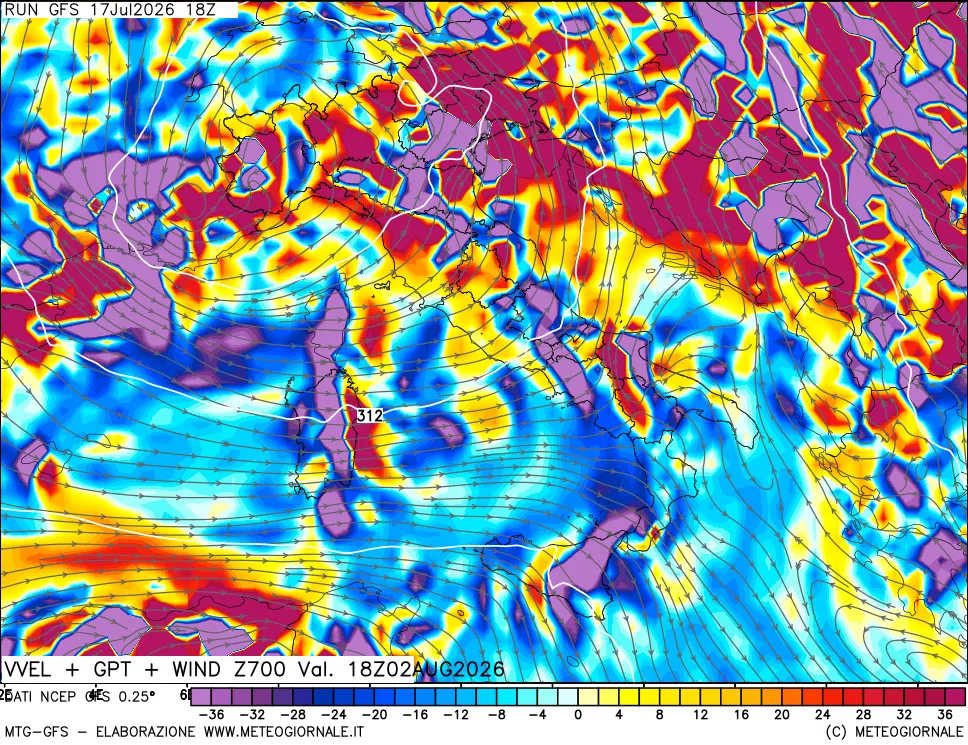 mappa 700 hPa Velocità verticiali + GPT + Vento