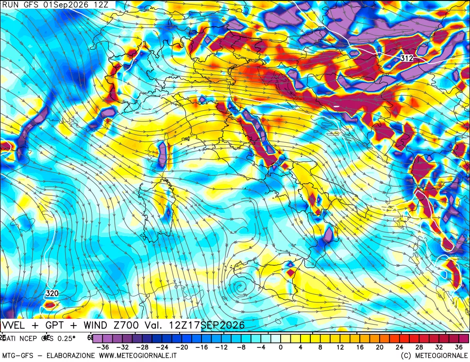 mappa 700 hPa Velocità verticiali + GPT + Vento