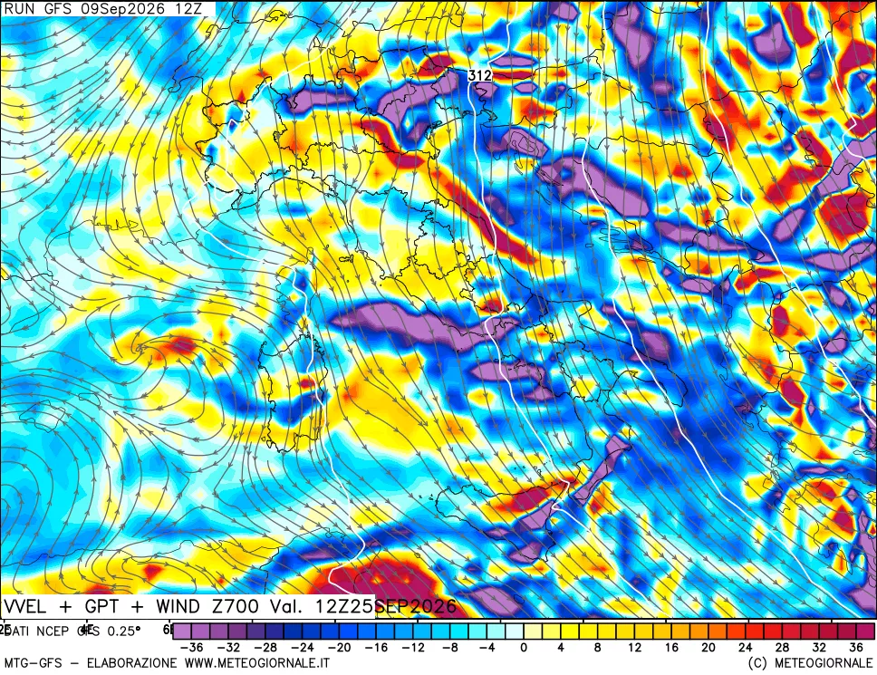 mappa 700 hPa Velocità verticiali + GPT + Vento