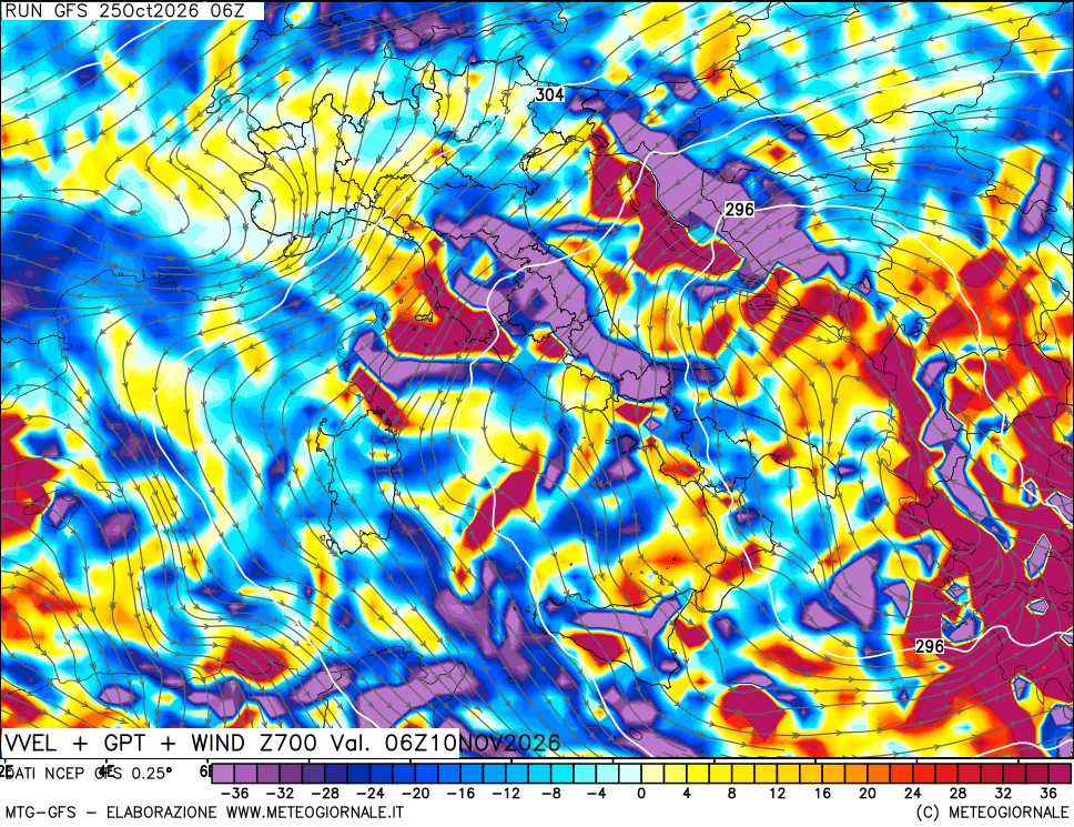 mappa 700 hPa Velocità verticiali + GPT + Vento