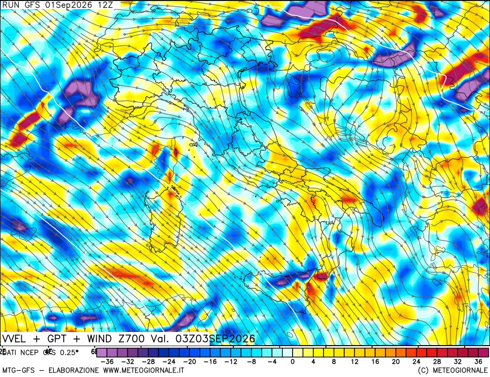 mappa 700 hPa Velocità verticiali + GPT + Vento