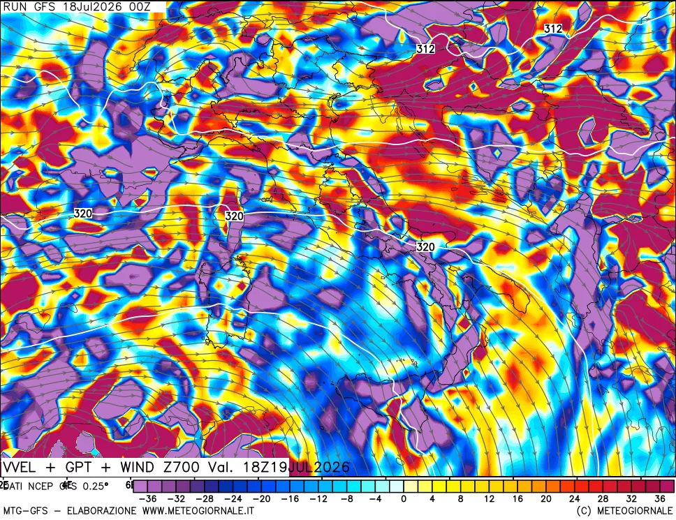 mappa 700 hPa Velocità verticiali + GPT + Vento