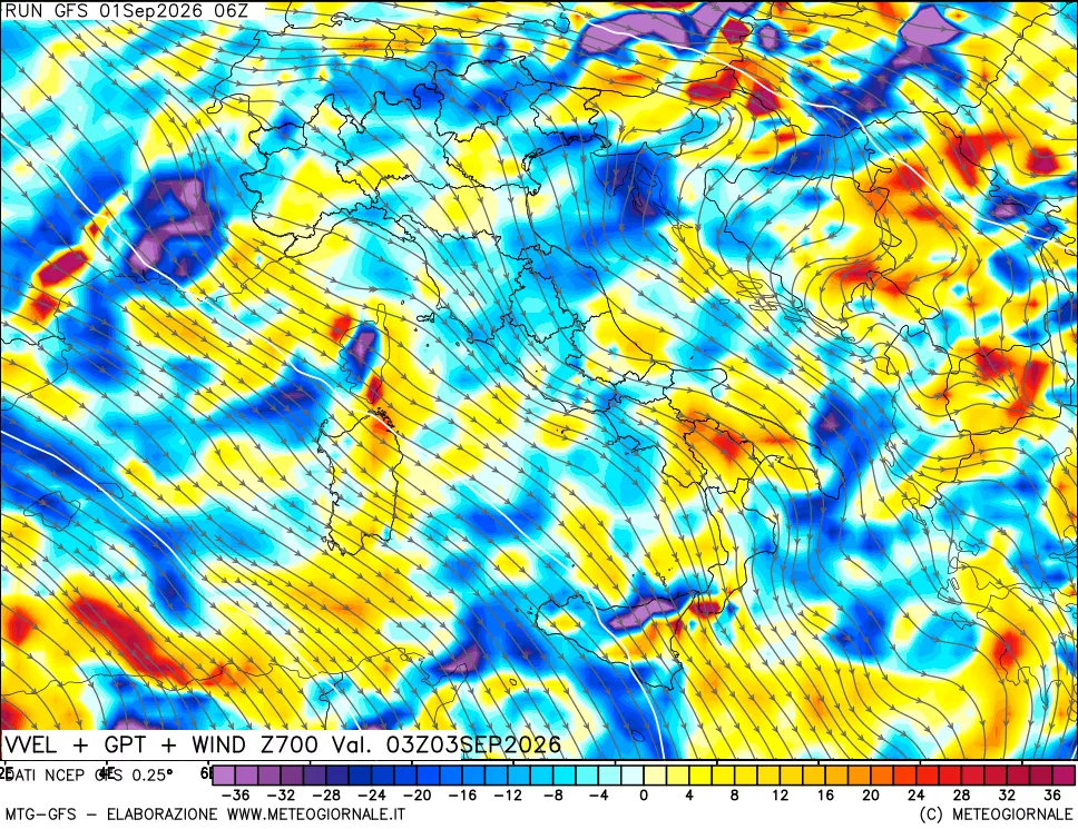 mappa 700 hPa Velocità verticiali + GPT + Vento