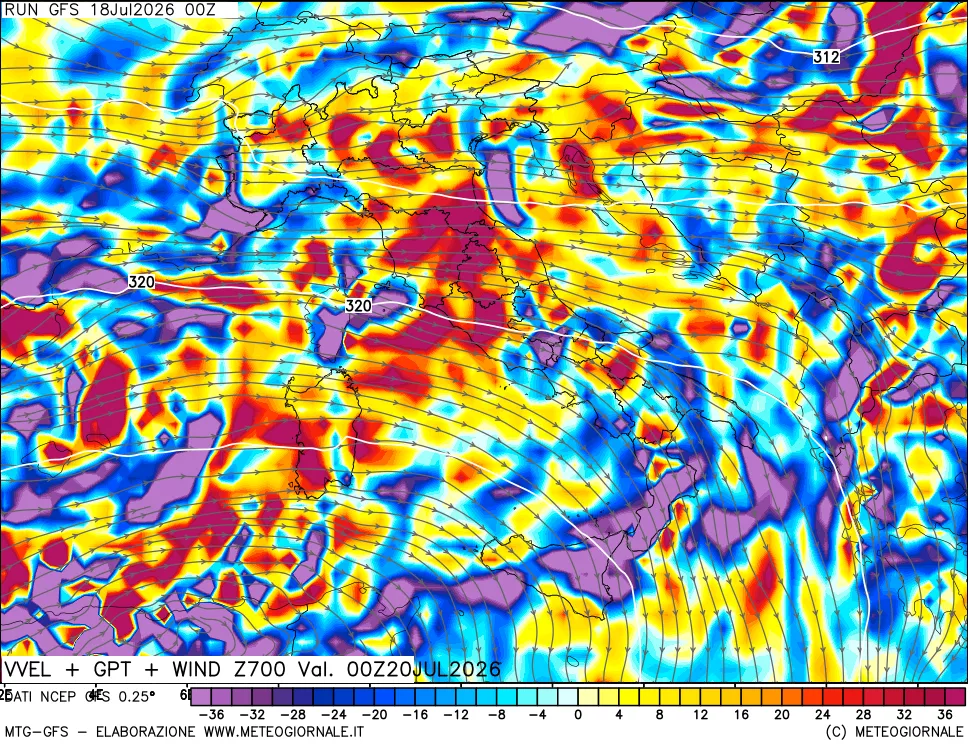 mappa 700 hPa Velocità verticiali + GPT + Vento