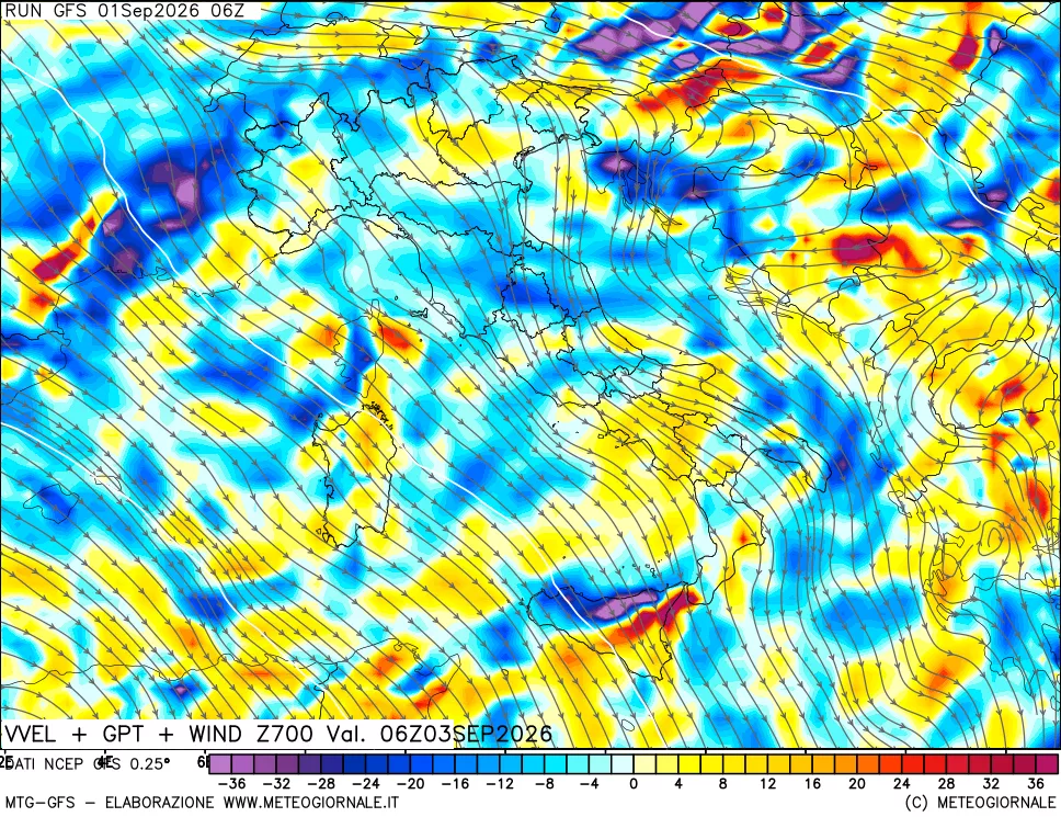 mappa 700 hPa Velocità verticiali + GPT + Vento