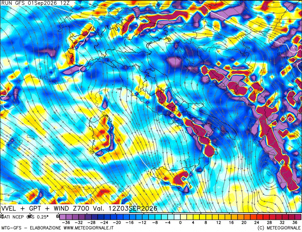 mappa 700 hPa Velocità verticiali + GPT + Vento