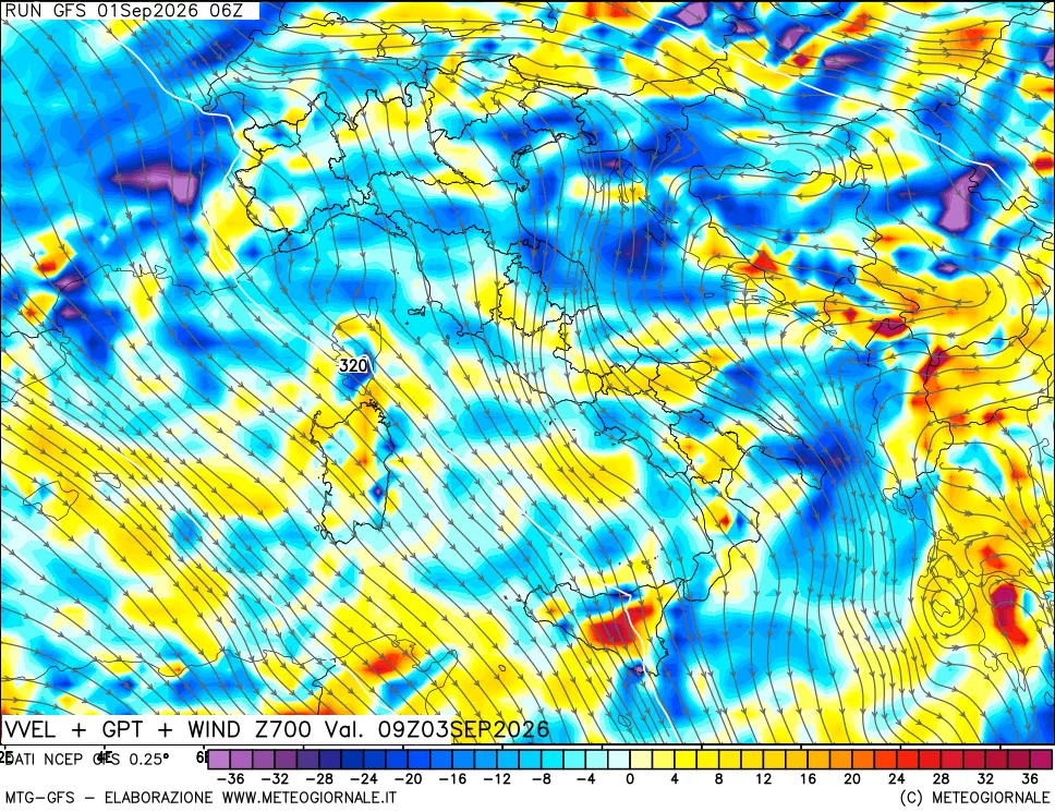 mappa 700 hPa Velocità verticiali + GPT + Vento