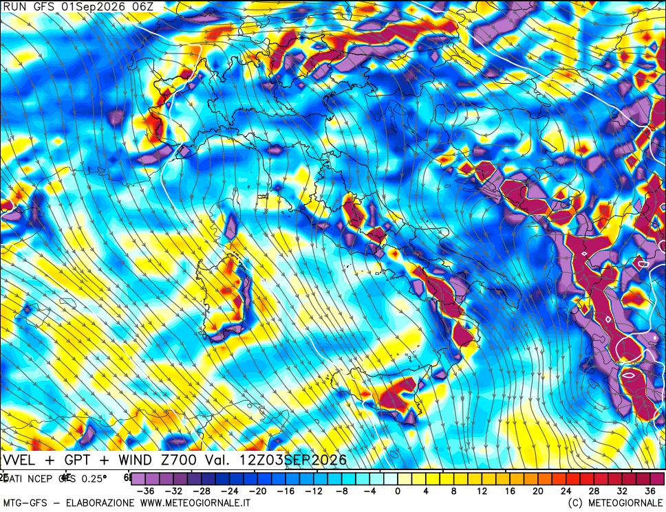 mappa 700 hPa Velocità verticiali + GPT + Vento