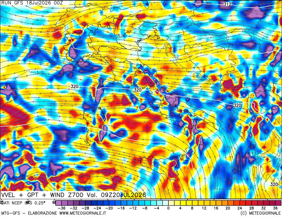 mappa 700 hPa Velocità verticiali + GPT + Vento