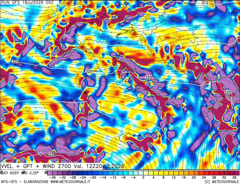 mappa 700 hPa Velocità verticiali + GPT + Vento
