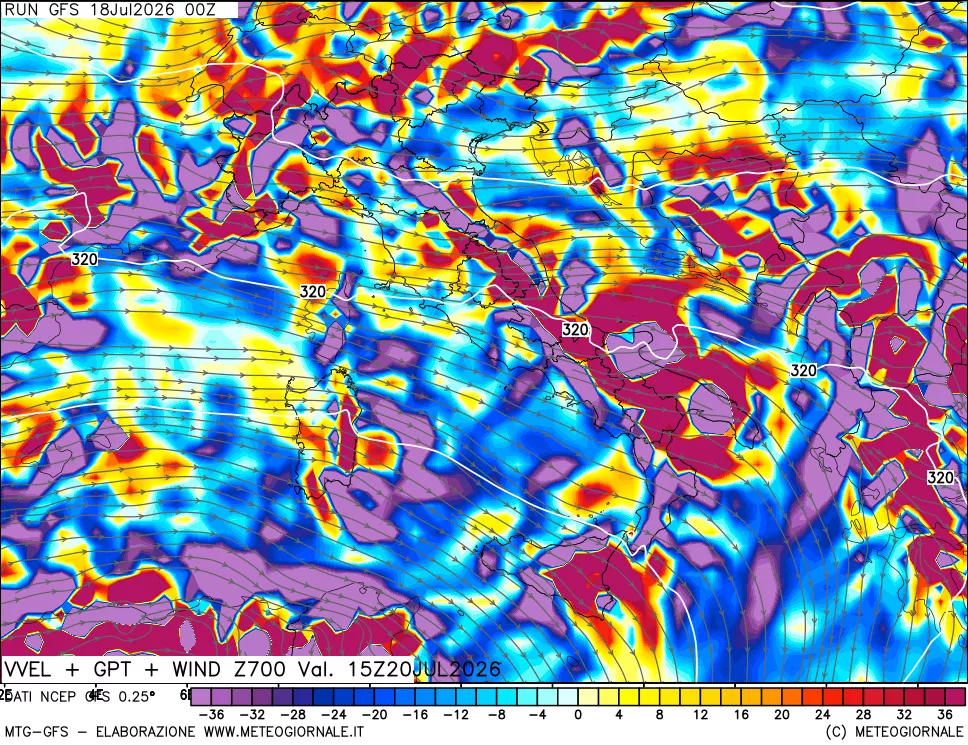 mappa 700 hPa Velocità verticiali + GPT + Vento