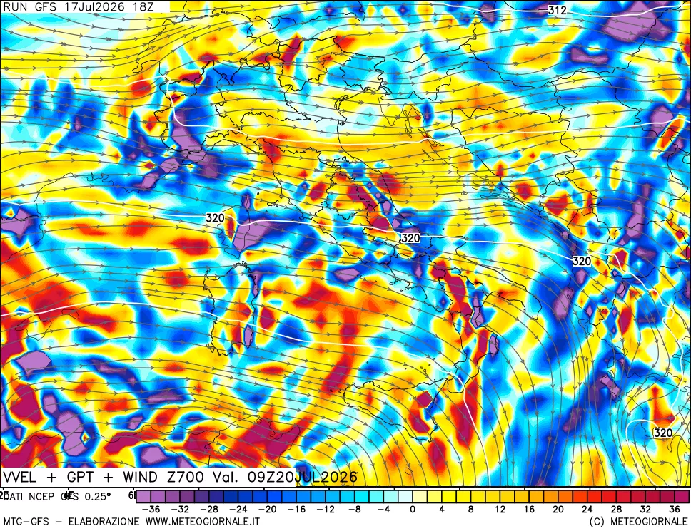 mappa 700 hPa Velocità verticiali + GPT + Vento