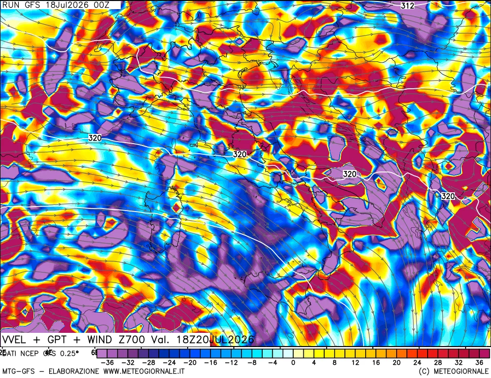 mappa 700 hPa Velocità verticiali + GPT + Vento