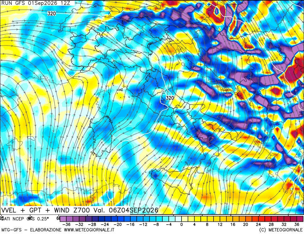 mappa 700 hPa Velocità verticiali + GPT + Vento