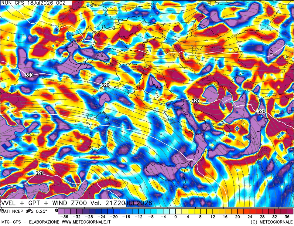 mappa 700 hPa Velocità verticiali + GPT + Vento