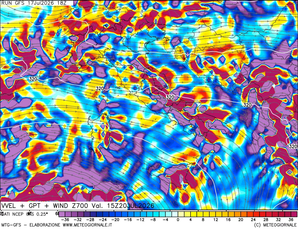 mappa 700 hPa Velocità verticiali + GPT + Vento