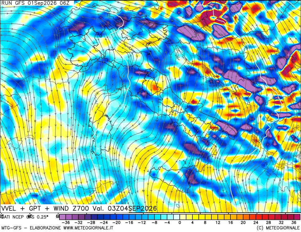 mappa 700 hPa Velocità verticiali + GPT + Vento