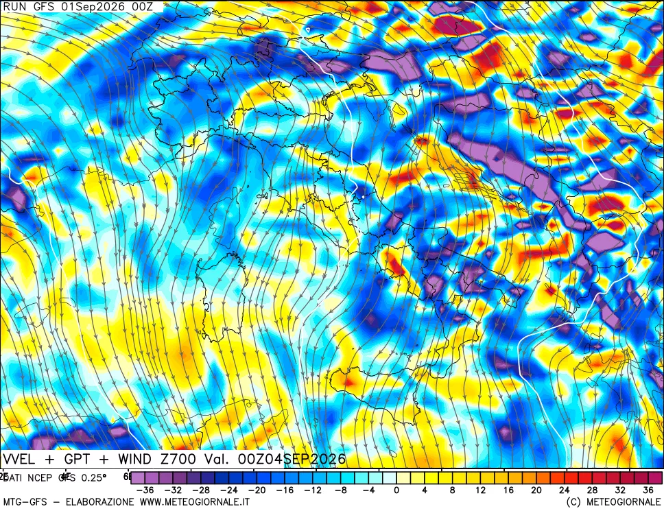 mappa 700 hPa Velocità verticiali + GPT + Vento