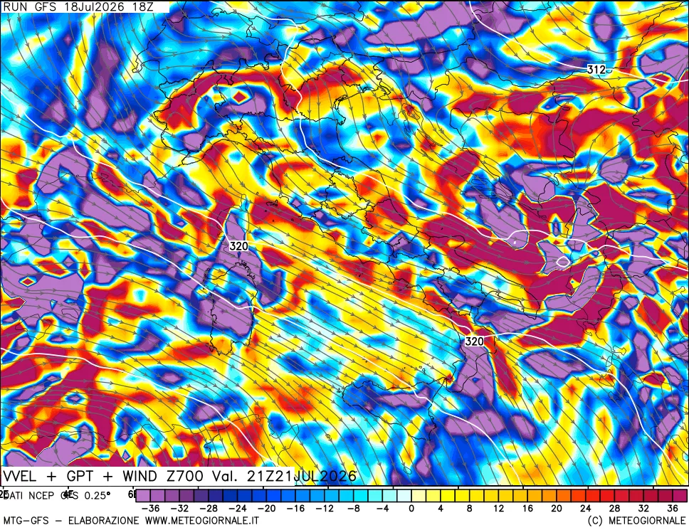 mappa 700 hPa Velocità verticiali + GPT + Vento